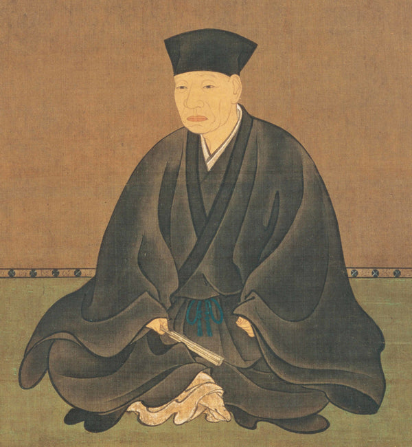 Public-domain portrait of Sen no Rikyu attributed to Hasegawa Tohaku, used as the central figure behind the Rikyu Shichitetsu; not a group portrait