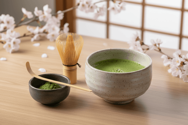 Japanese tea ceremony with matcha bowl and traditional tea utensils