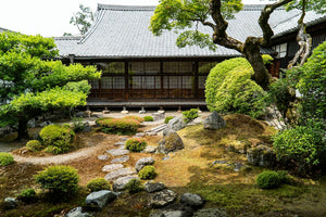 Traditional Japanese architecture in a garden used as contextual imagery for Sen Shoan; not a portrait or verified sixteenth-century Sen residence