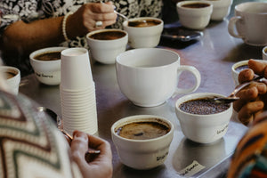 Coffee tasting cups arranged on a table