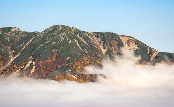 Mountain emerging through autumn mist, illustrating the seasonal mountain idea behind Mukoyama haigata