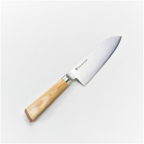 Japanese Santoku kitchen knife with a clean steel blade surface