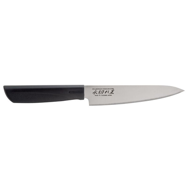 Serrated kitchen knife with visible scalloped cutting edge