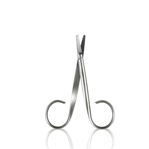 A pair of stainless steel micro force scissors with a polished finish, shown on a clean white background with a subtle reflection below.